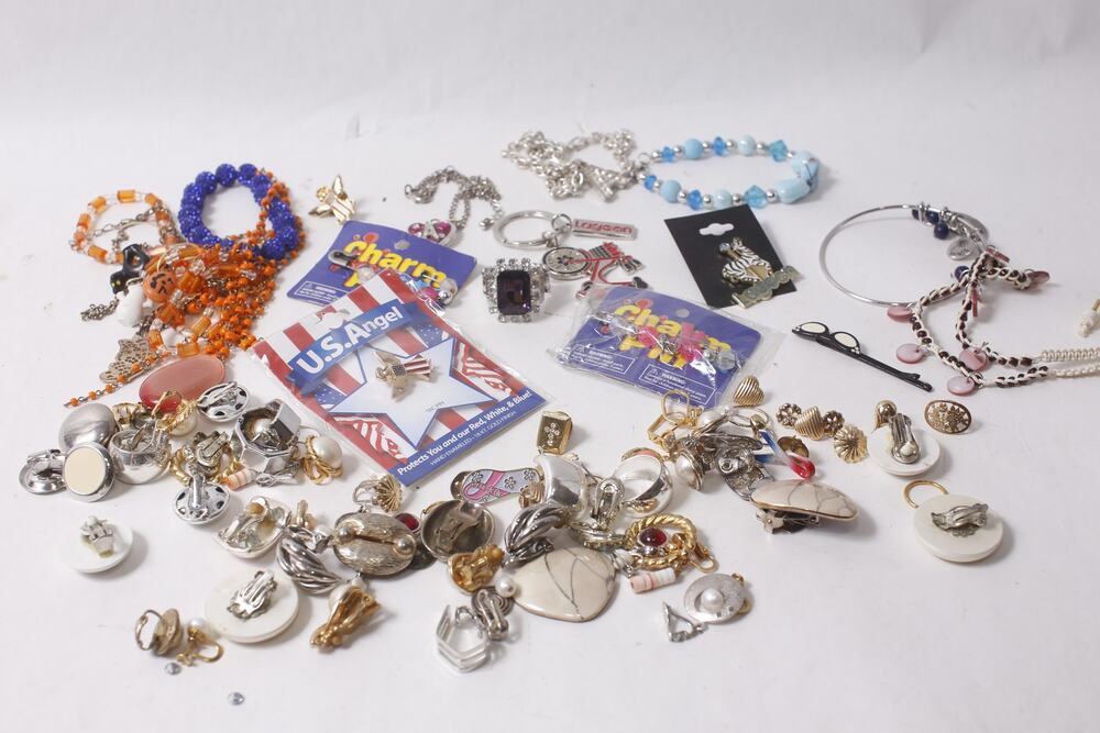 Clip On Earrings Junk Drawer Vintage Jewelry Set Brooch Pin Bracelet Keychain E